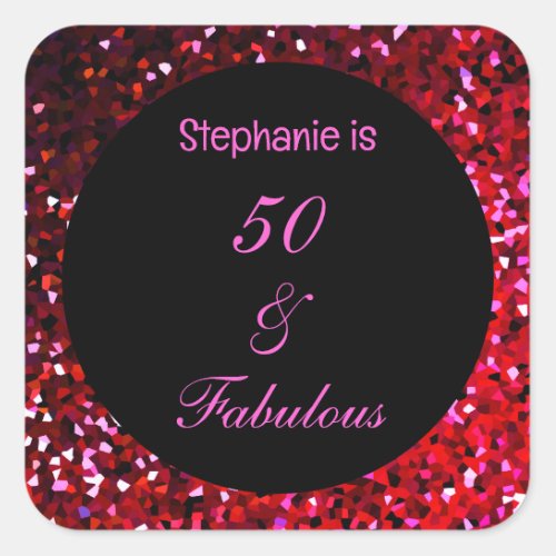 50 Fabulous Burgundy Red Pink Glitter Birthday  Square Sticker
