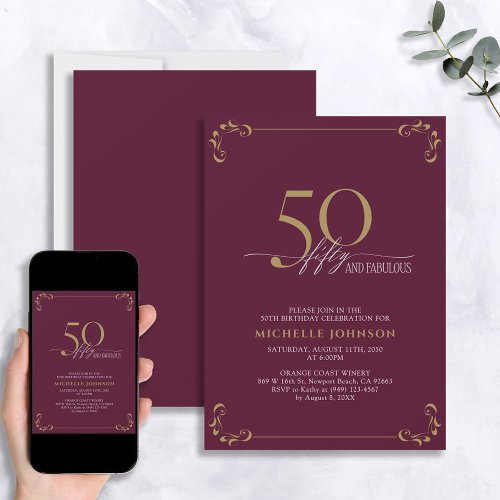 50  Fabulous Burgundy White  Gold Birthday Invitation