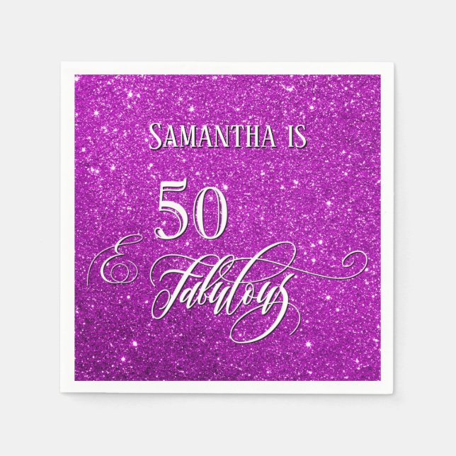 50 & Fabulous Calligraphy on Dark Pink Glitter Napkins (Front)