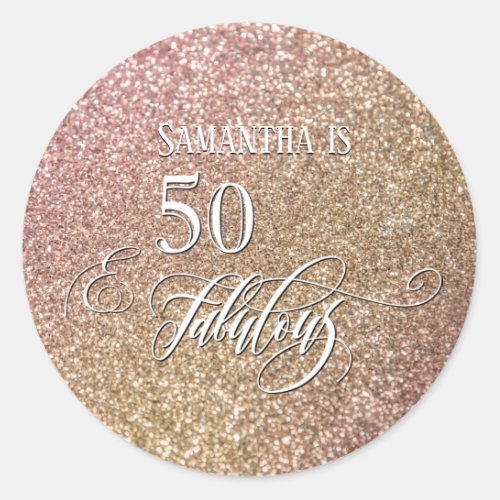 50  Fabulous Calligraphy on Ombre Glitter Classic Round Sticker