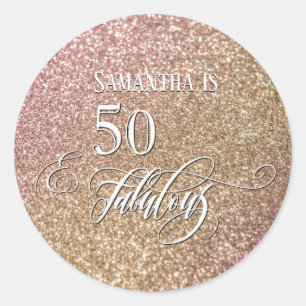 50 & Fabulous Calligraphy on Ombre Glitter Classic Round Sticker