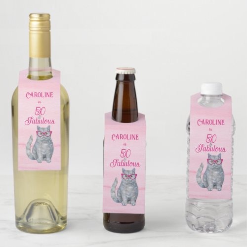 50  Fabulous Cat Pink and Gray 50th Birthday Bottle Hanger Tag