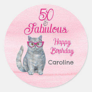 50 & Fabulous Cat, Pink and Gray, 50th Birthday Classic Round Sticker