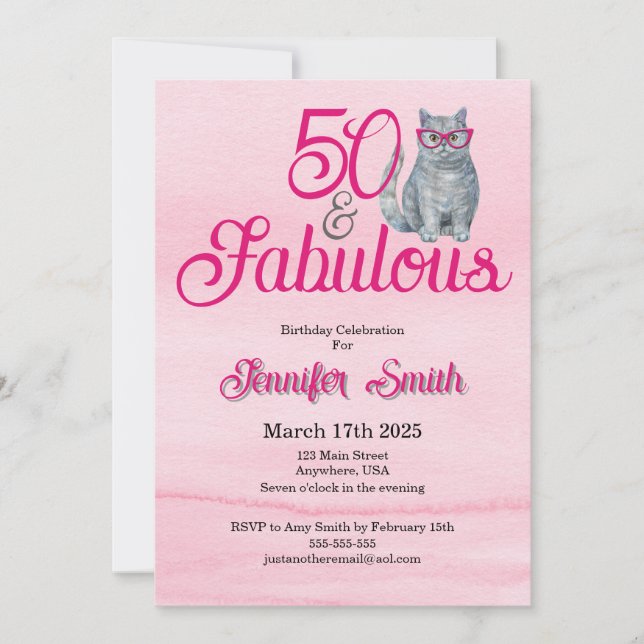 50 & Fabulous Cat, Pink and Gray, 50th Birthday Invitation (Front)