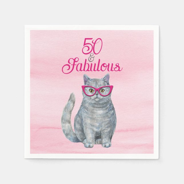 50 & Fabulous Cat, Pink and Gray, 50th Birthday Napkins (Front)
