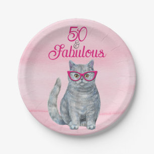 50 & Fabulous Cat, Pink and Gray, 50th Birthday Paper Plates