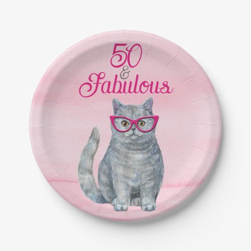 50  Fabulous Cat Pink and Gray 50th Birthday Paper Plates