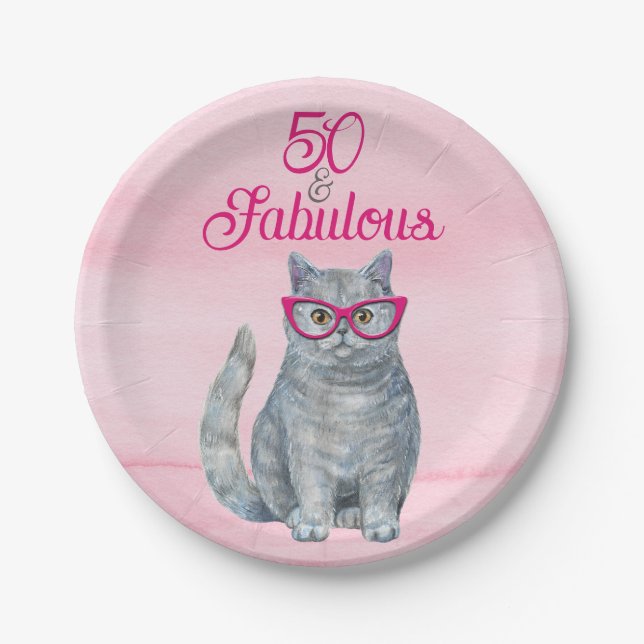 50 & Fabulous Cat, Pink and Gray, 50th Birthday Paper Plates (Front)