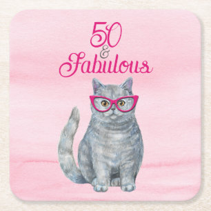 50 & Fabulous Cat, Pink and Gray, 50th Birthday Square Paper Coaster
