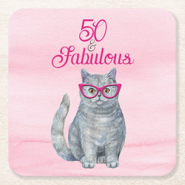 50 & Fabulous Cat, Pink and Gray, 50th Birthday  Square Paper Coaster (Front)