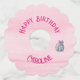50 & Fabulous Cat, Pink and Gray, 50th Birthday Wine Glass Tag