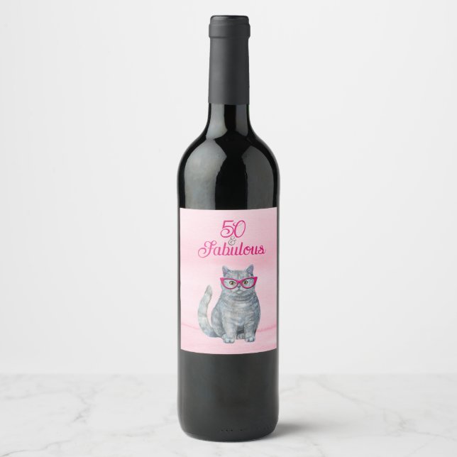 50 & Fabulous Cat, Pink and Gray, 50th Birthday Wine Label (Front)