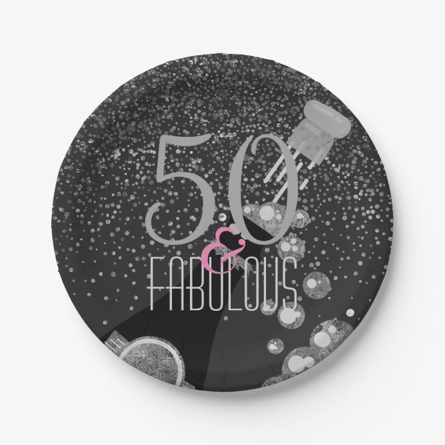 50 & Fabulous Champagne Elegant 50th Birthday Paper Plates (Front)
