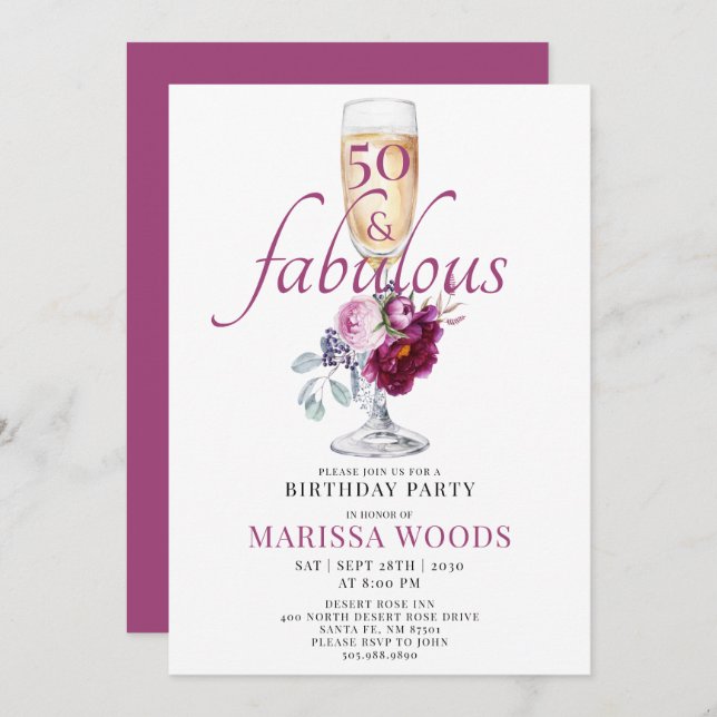 50 Fabulous Champagne Floral Birthday Invitation (Front/Back)