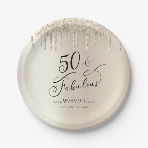 50 Fabulous Champagne Gold Glitter Personalized Paper Plates