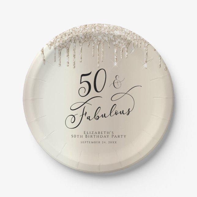 50 Fabulous Champagne Gold Glitter Personalized Paper Plates (Front)