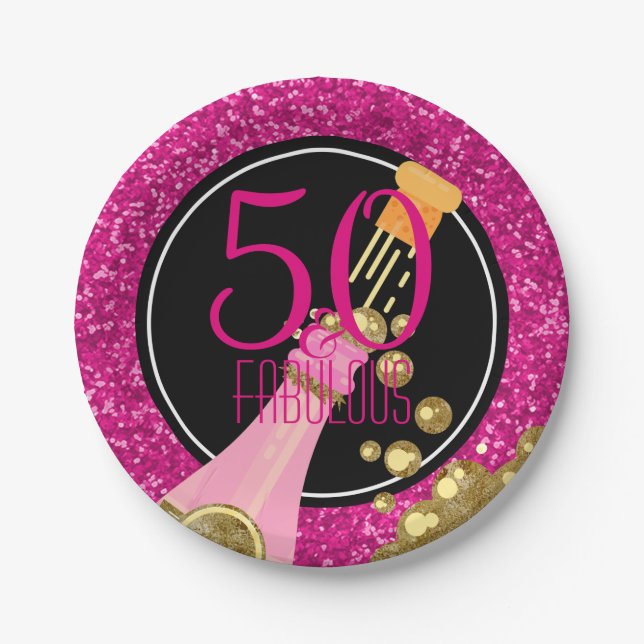 50 & Fabulous Champagne Pink 50th Birthday Party Paper Plates (Front)