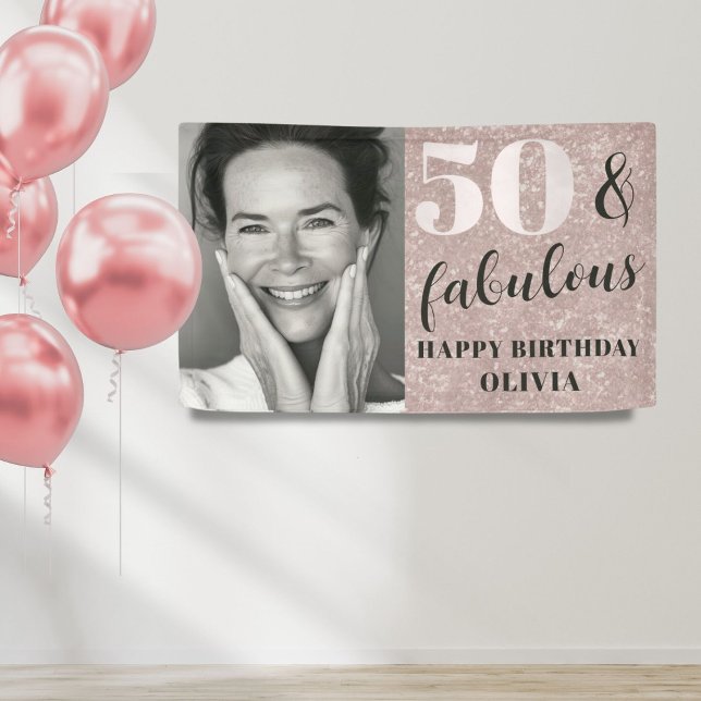 50 & Fabulous Chic Pink Glitter & Photo Birthday Banner (Creator Uploaded)