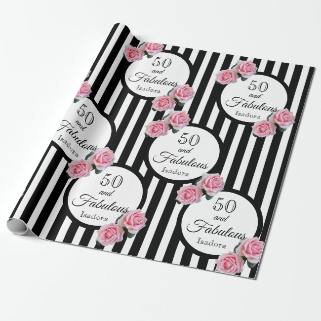 50 fabulous chic pink roses black white stripes wrapping paper