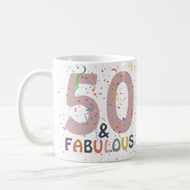 50 & Fabulous Confetti Pink Modern Typography Coffee Mug (Left)