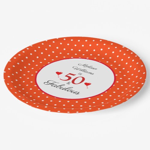 50  Fabulous Custom Name Red 50th Birthday Orange Paper Plates