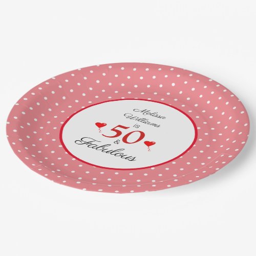 50  Fabulous Custom Name Red 50th Birthday Pink Paper Plates