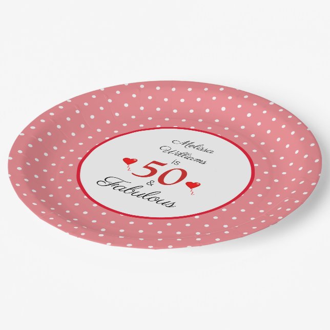50 & Fabulous Custom Name Red 50th Birthday Pink Paper Plates (Angled)