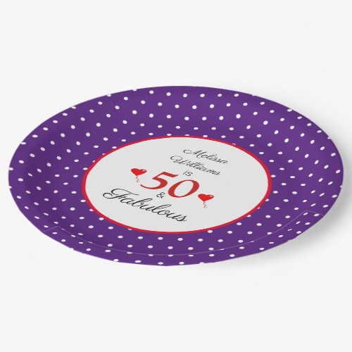 50  Fabulous Custom Name Red 50th Birthday Purple Paper Plates