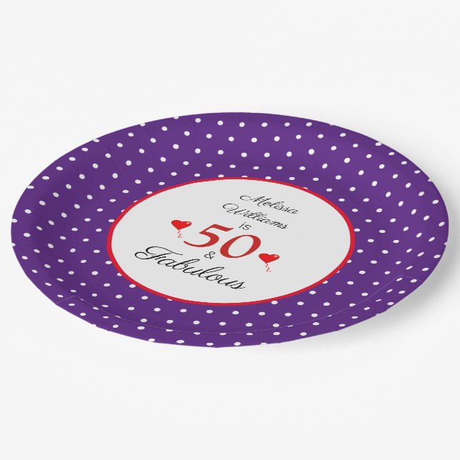 50 & Fabulous Custom Name Red 50th Birthday Purple Paper Plates (Angled)