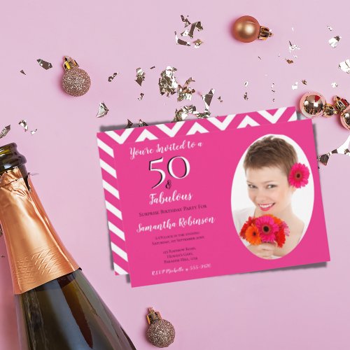 50  Fabulous Customized Photo Pink White Chevron Invitation