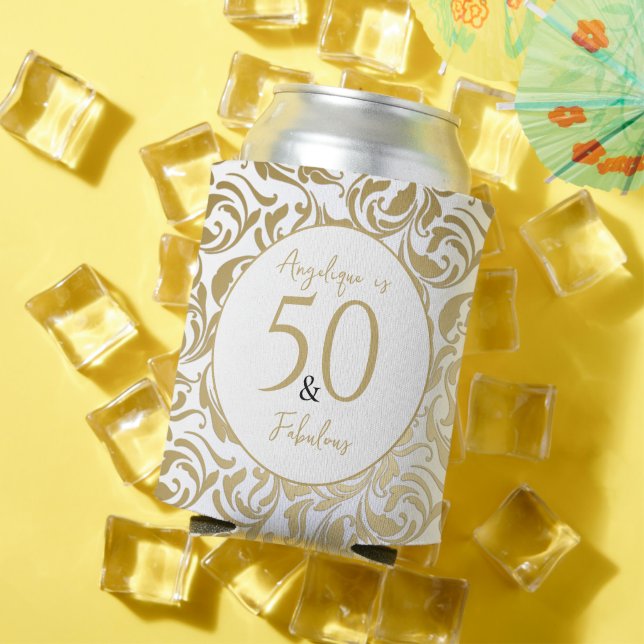 50 & Fabulous Decorative Gold Floral Swirl Pattern Can Cooler (In Situ Summer)