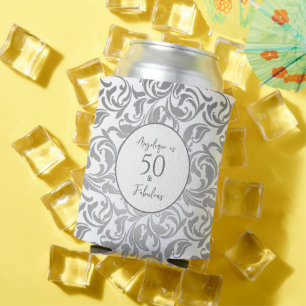 50 & Fabulous Decorative Silver Floral Pattern Can Cooler
