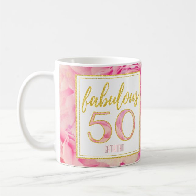 50 Fabulous Delicate Pink Gold Glitter Floral Coffee Mug (Left)