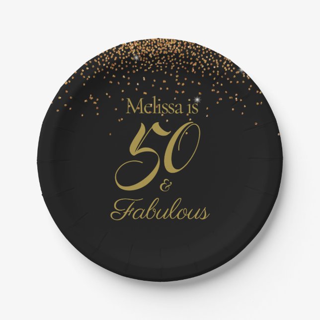 50 & Fabulous Elegant Black Gold Personalize Paper Plates (Front)