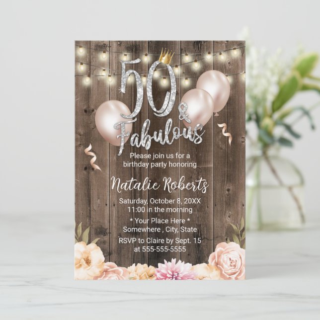 50 & Fabulous Elegant Floral Queen 50th Birthday Invitation (Standing Front)