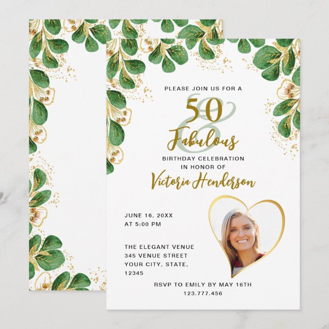 50 & Fabulous Elegant Greenery Photo Birthday Invitation (Front/Back)