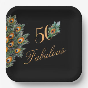 50 & Fabulous Elegant Peacock Feathers Birthday Paper Plates