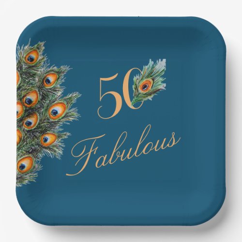 50  Fabulous Elegant Peacock Feathers Birthday Paper Plates