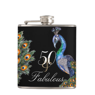 50 & Fabulous Elegant Watercolor Peacock Birthday Flask