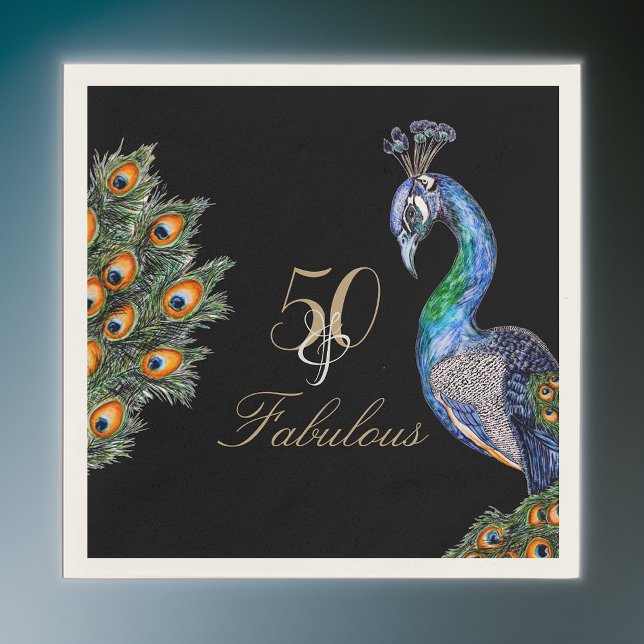 50 & Fabulous Elegant Watercolor Peacock Birthday Napkins (Creator Uploaded)