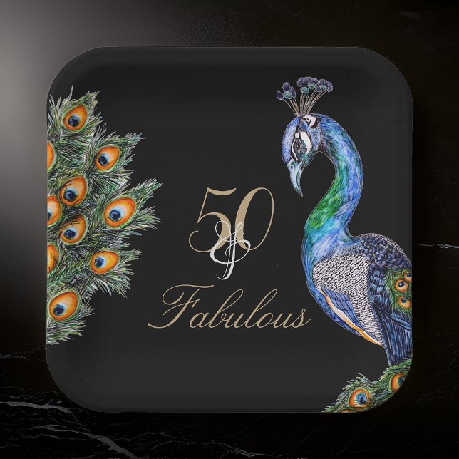 50 & Fabulous Elegant Watercolor Peacock Birthday Paper Plates (Creator Uploaded)