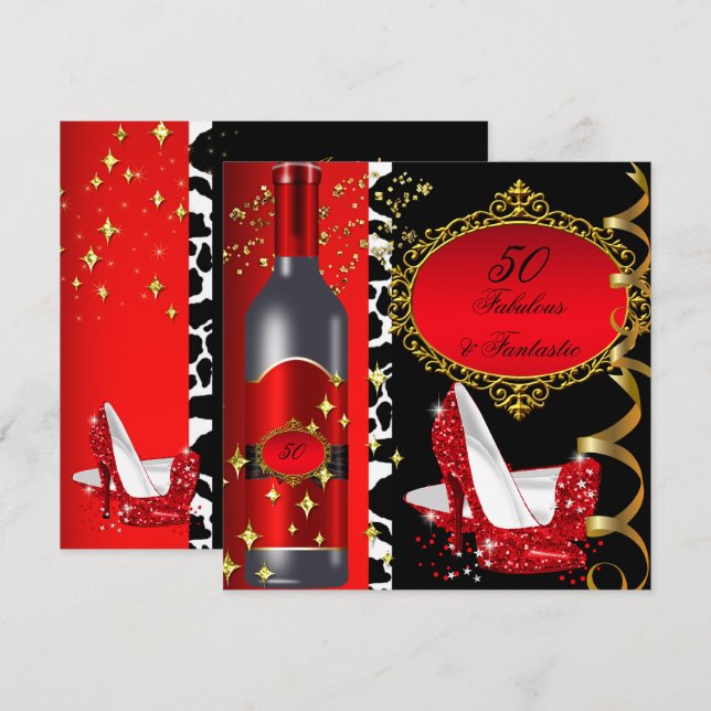50 & Fabulous Fantastic Red Black Gold Birthday 2 Invitation (Front/Back)