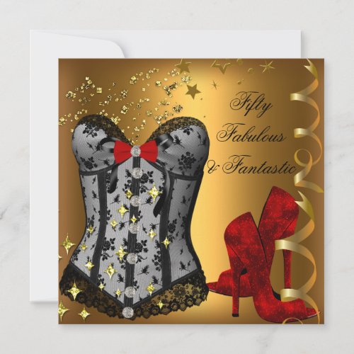 50  Fabulous Fantastic Red Black Gold Birthday Invitation