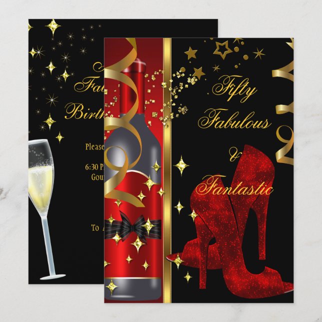 50 & Fabulous Fantastic Red Black Gold Birthday Invitation (Front/Back)