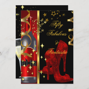 50 & Fabulous Fantastic Red Black Gold Birthday Invitation