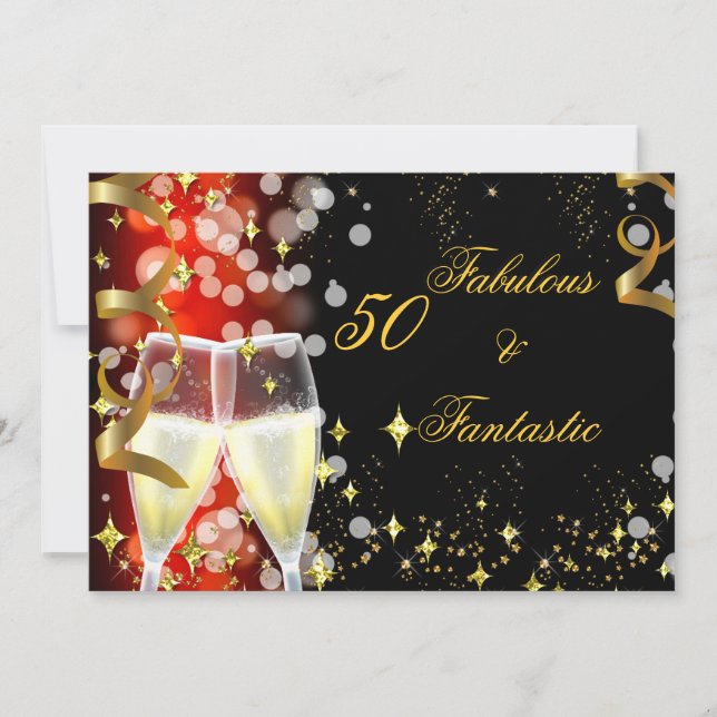 50 & Fabulous Fantastic Red Gold Champagne Party Invitation (Front)