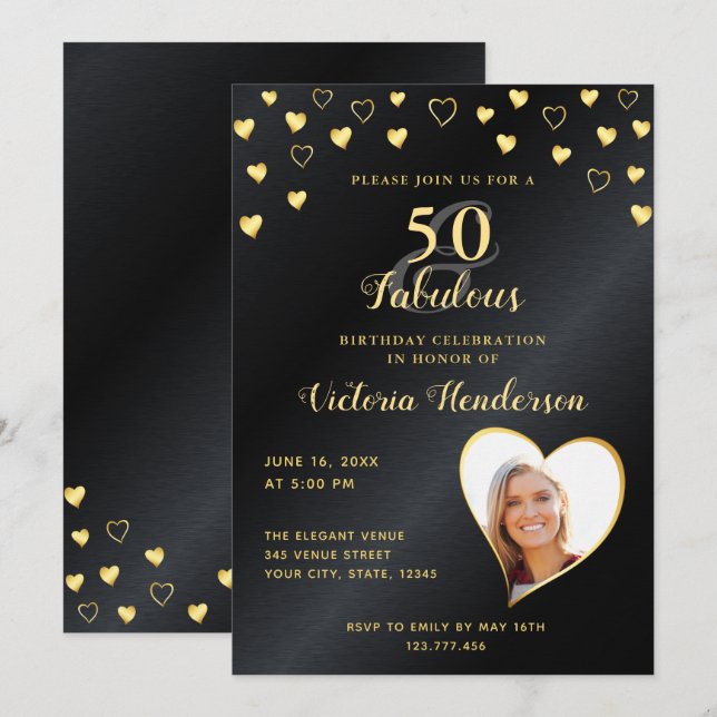 50 & Fabulous Faux Black Metallic & Gold Birthday  Invitation (Front/Back)