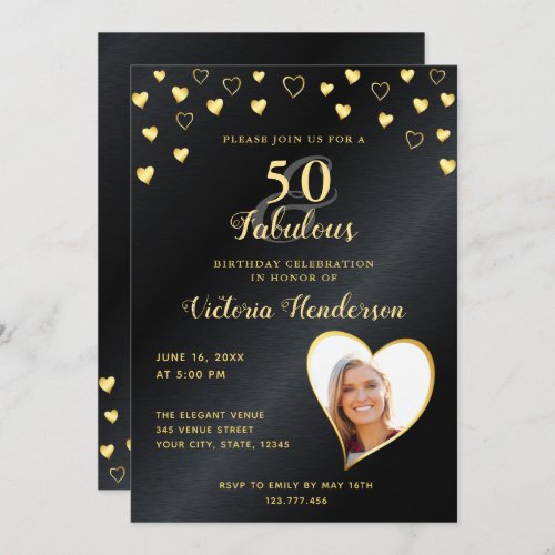 50  Fabulous Faux Black Metallic  Gold Birthday  Invitation