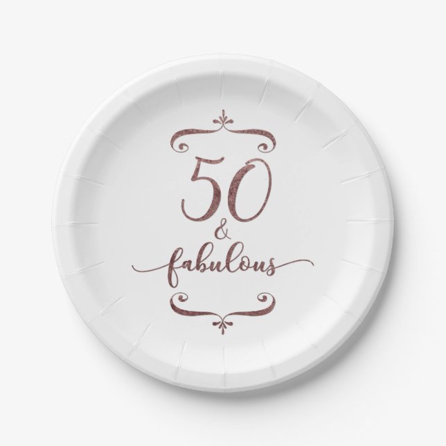 "50 & Fabulous" Faux Rose Gold Glitter Birthday Paper Plates (Front)