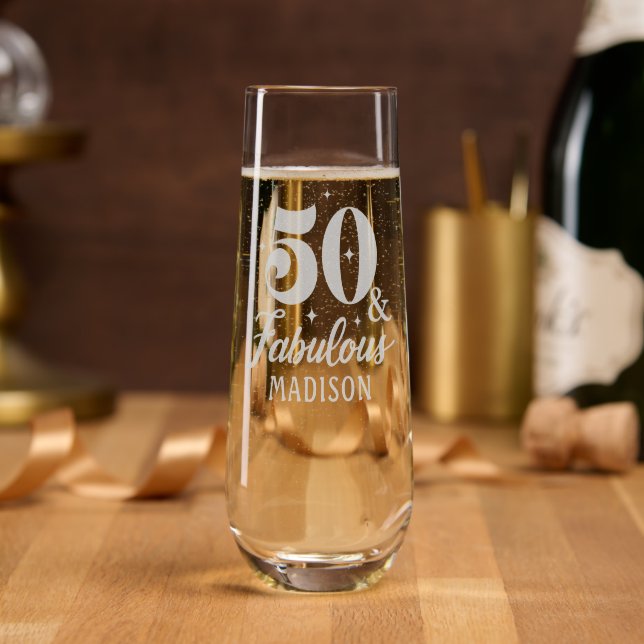 50 & Fabulous Fiftieth Birthday Personalized Name Stemless Champagne Flute (Party)